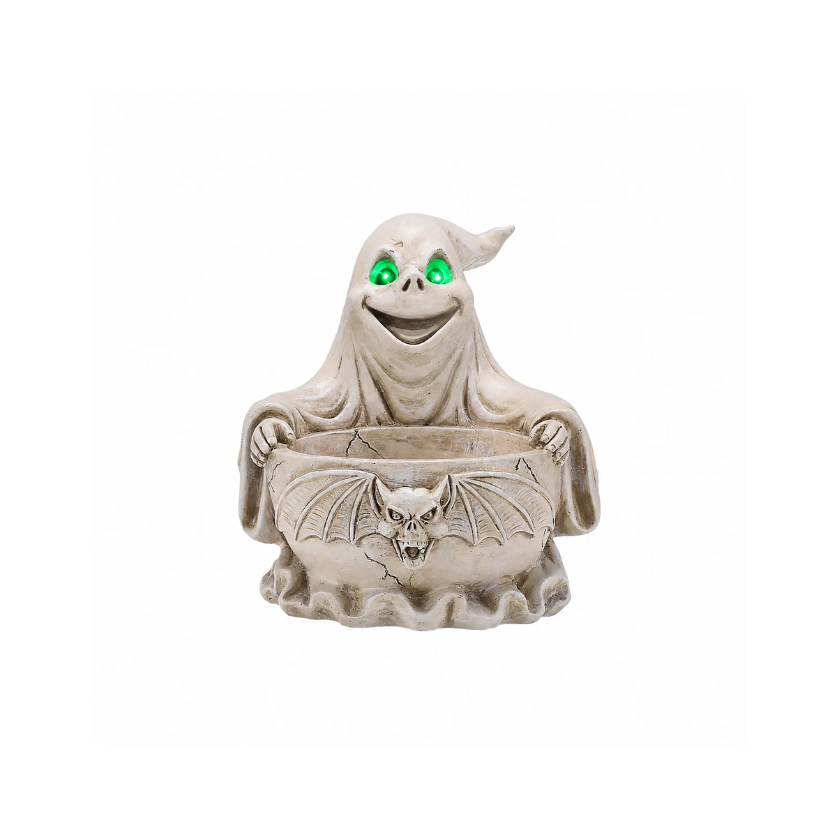 Halloween Ghost Candy Bowl with LED Glowing Green Eyes, Gothic Bat Resin Storage Dish, Spooky Tabletop Decor for Party Treats & Keys