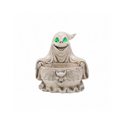 Halloween Ghost Candy Bowl with LED Glowing Green Eyes, Gothic Bat Resin Storage Dish, Spooky Tabletop Decor for Party Treats & Keys