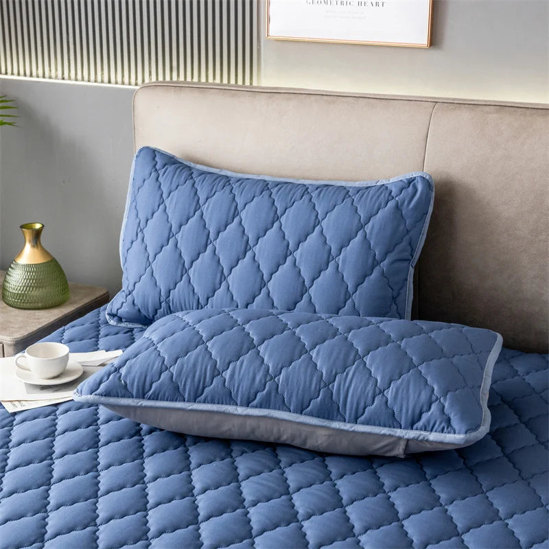 Brushed Cotton Padded Waterproof Pillowcase, Light Blue