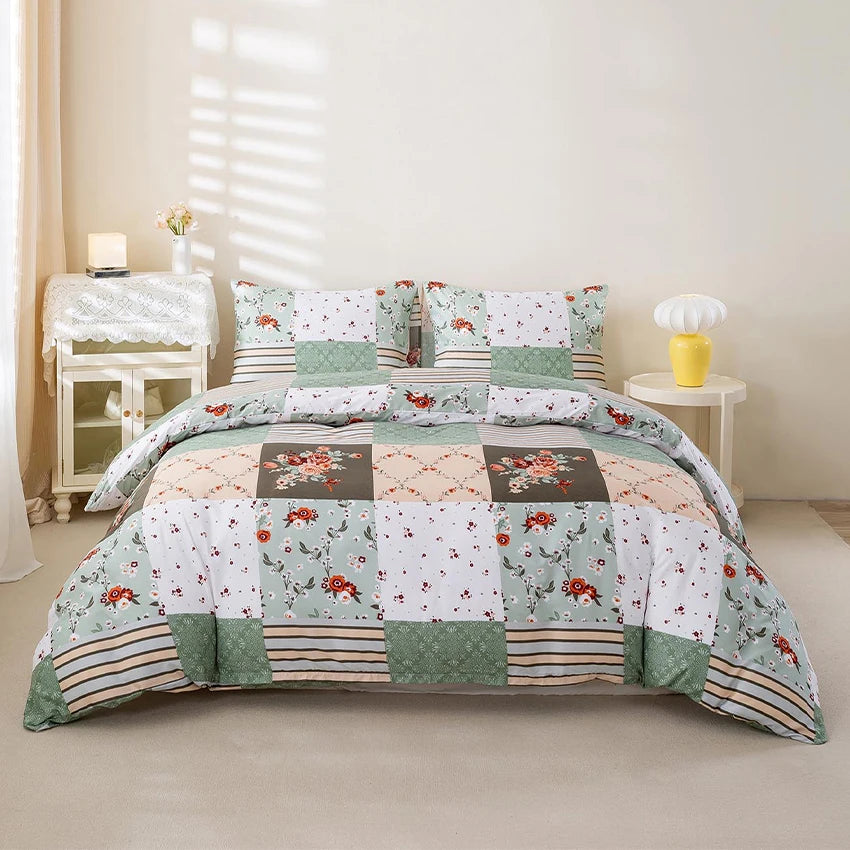 Green Patchwork Duvet Cover Set, Soft All-Season Bedding