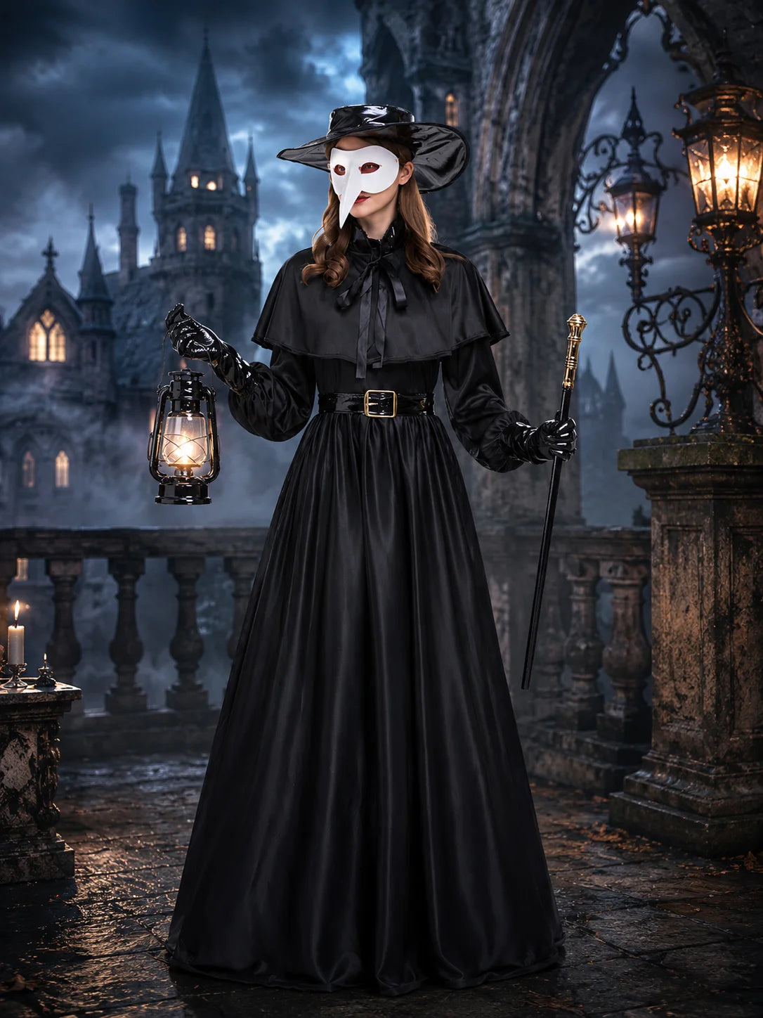 Women Plague Doctor Costume Set Medieval Gothic Long Dress with Cape Belt Hat Gloves Bird Beak Mask Steampunk Halloween Cosplay Outfit for Carnival Party