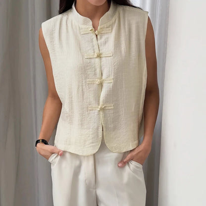 Linad Women's Vintage Chinese Knot Stand Collar Vest — Sleeveless Casual Tank Top