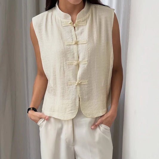 Linad – Gilet vintage chinois pour femme, col montant avec nœud – Débardeur décontracté sans manches