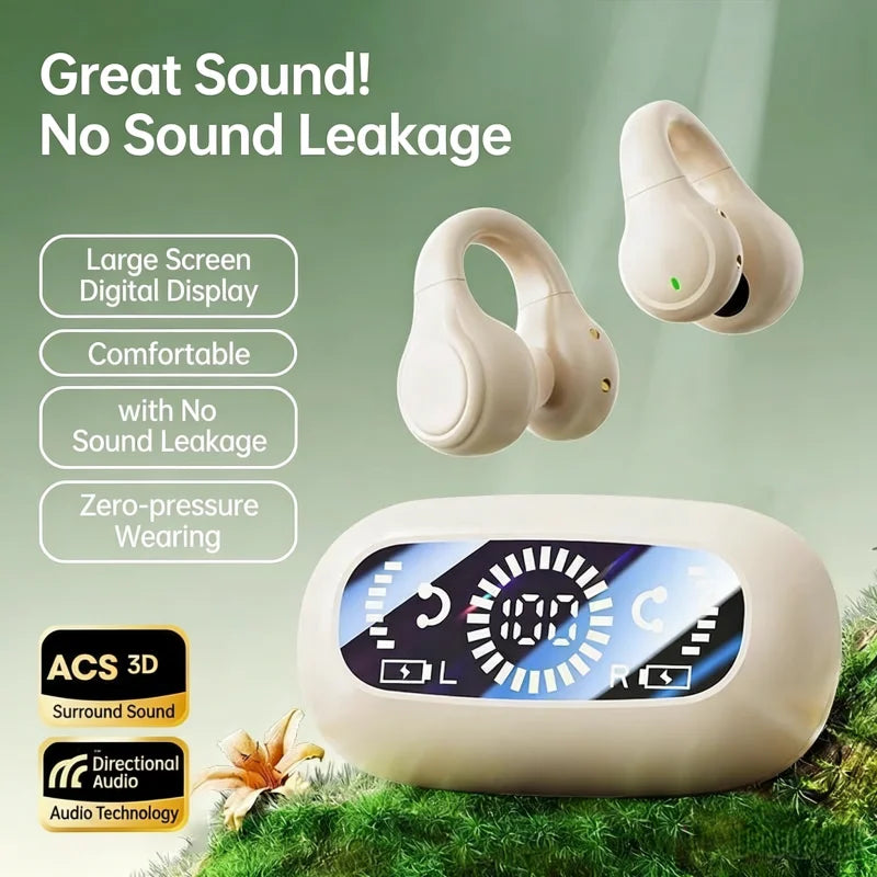 Sports Bluetooth Ear Clip Headphones – LED Mirror, HiFi Lossless Sound, Noise Cancelling, Soft Silicone