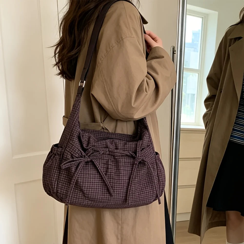 Vintage Plaid Shoulder Bag with Cute Bow Decor
