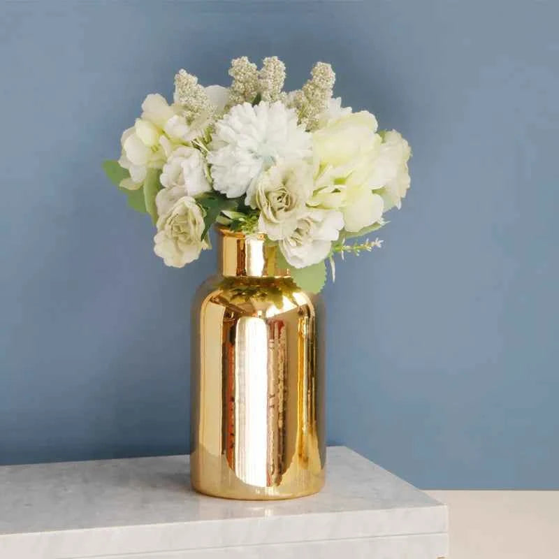 Simple European Style Gold Silver Bright Surface Ceramic Desktop Vase Flower Insert Nordic Style Home Decoration