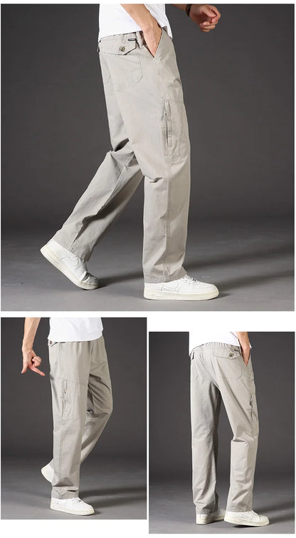 Men's Cotton Cargo Overalls Jogger Trousers — Stretch Waist Work Utility Sweatpants