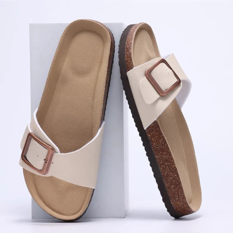 Crestar Women's Summer Cork Slippers 2025 – Leather Orthopedic Sandals with Adjustable Buckle