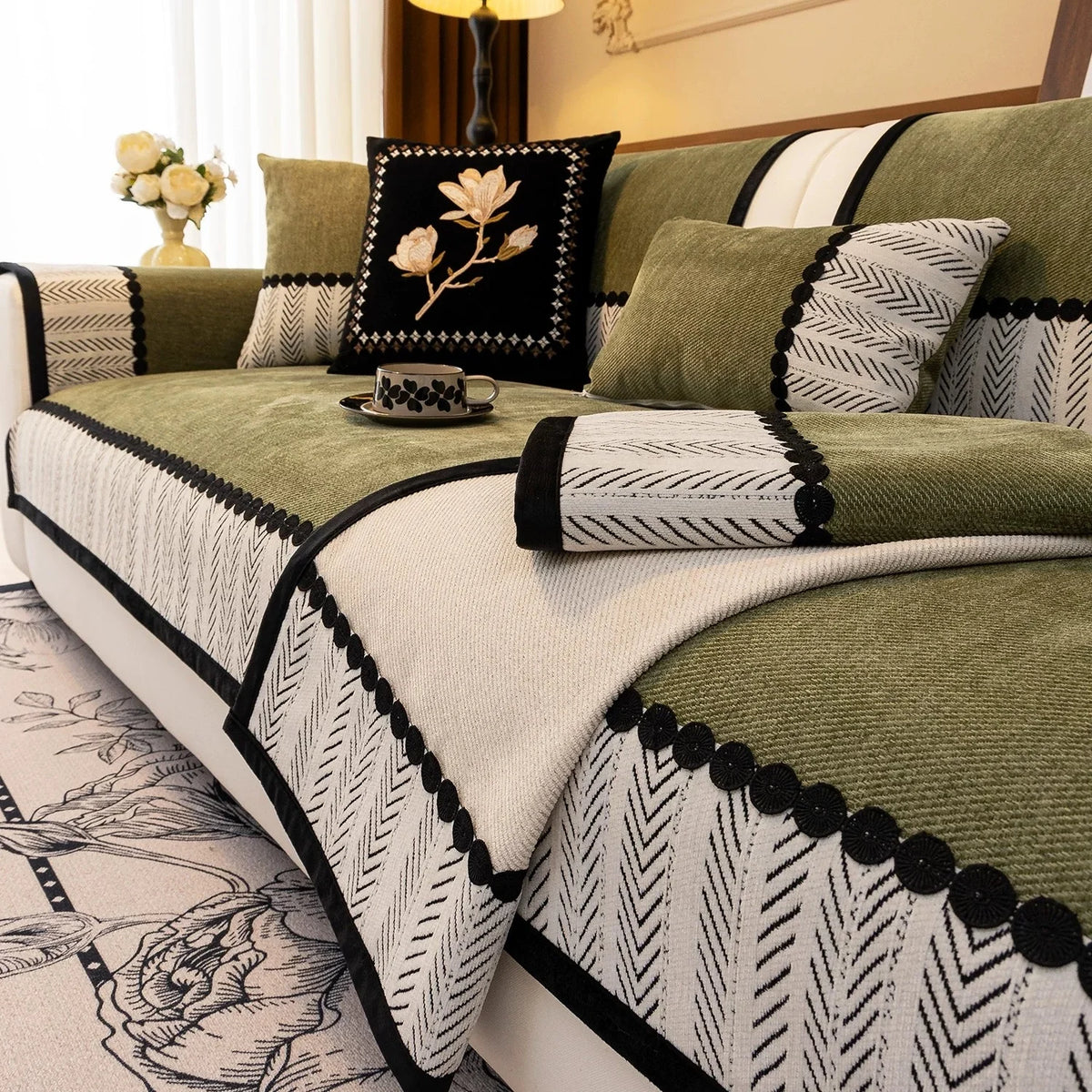 Chenille Sofa Cover, Non-Slip, Contrast Hem