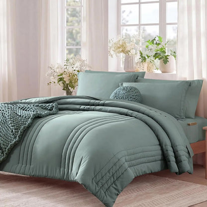 Queen Comforter Set 7 Pieces Sage Green Bed in a Bag with Sheets and Pillowcases