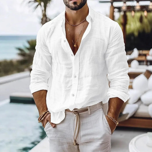 Chemise à boutons en coton et lin pour homme — Haut d'été léger et respirant