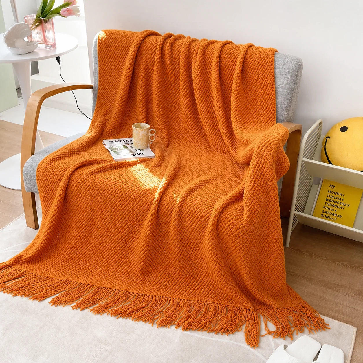 Sage Green Diamond Knit Throw Blanket with Tassels