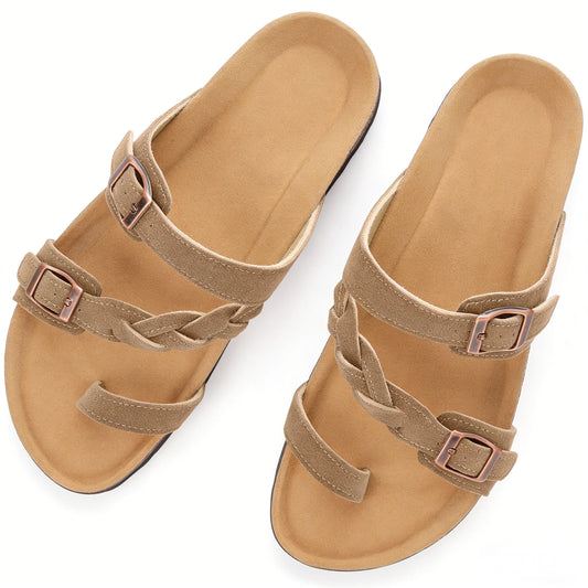 Crestar Women's Open Toe Sandals – Non-slip Braided Strap & Double Buckle