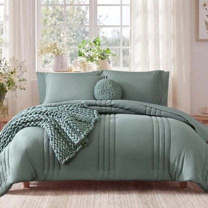 Queen Comforter Set 7 Pieces Sage Green Bed in a Bag with Sheets and Pillowcases