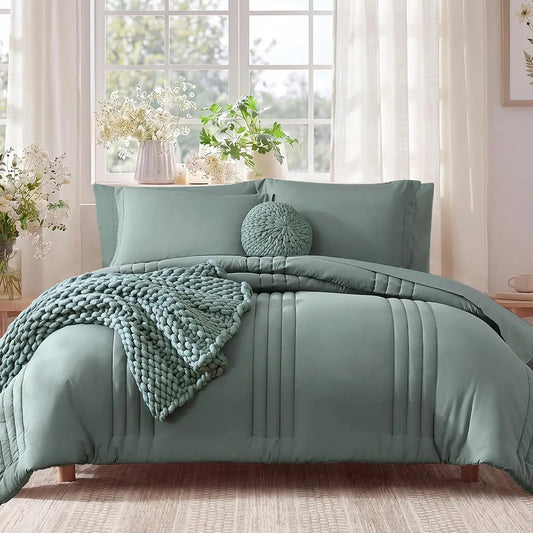 Queen Comforter Set 7 Pieces Sage Green Bed in a Bag with Sheets and Pillowcases