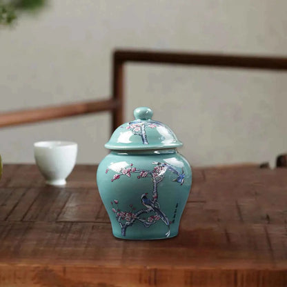 1x Blue and White Ceramic Tea Canister Porcelain Decorative Porcelain Jar Dried Flower Vase Glazed Hand Painted Desk Home Accent