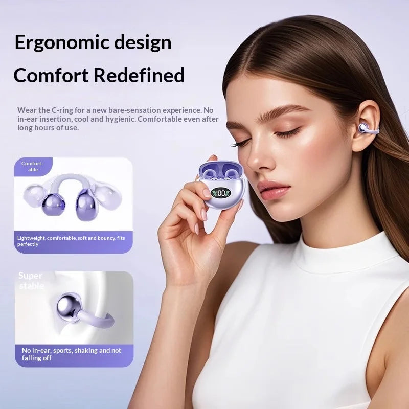 Premium Clip-On Wireless Earbuds – HiFi Sound, 32H Battery, 360° ACS, Touch Control & Mic