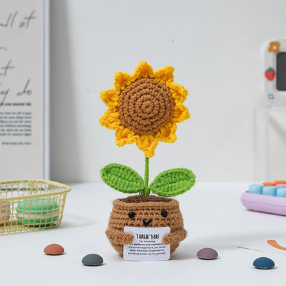 Crochet Flower Artificial Tulip Potted Finished Hand Woven Plants Knitted Sunflower Wedding Gift for Guests Home Decoration