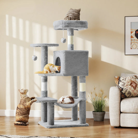 Arbre à chat et tour d'escalade de 112 cm — Poteaux à griffer en sisal naturel et maison d'intérieur pour chat
