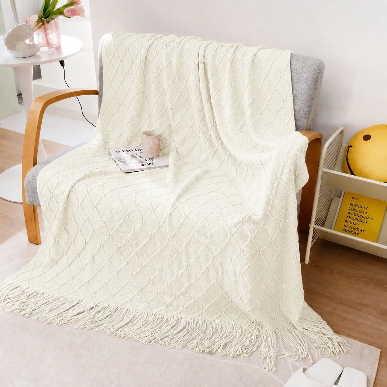 Sage Green Diamond Knit Throw Blanket with Tassels