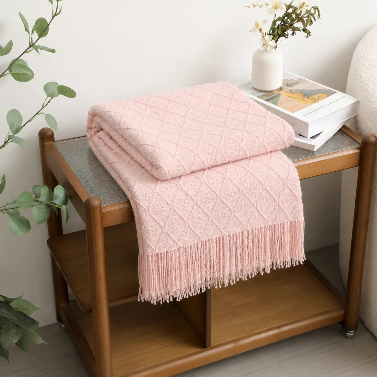 Cream Popcorn Bobble Textured Knit Throw Blanket with Tassel Fringe, Soft Knitted Decorative Blanket, Lightweight Cozy Cover for Couch Sofa Bed, Boho Farmhouse Home Decor for Living Room Bedroom