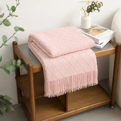 Cream Popcorn Bobble Textured Knit Throw Blanket with Tassel Fringe, Soft Knitted Decorative Blanket, Lightweight Cozy Cover for Couch Sofa Bed, Boho Farmhouse Home Decor for Living Room Bedroom