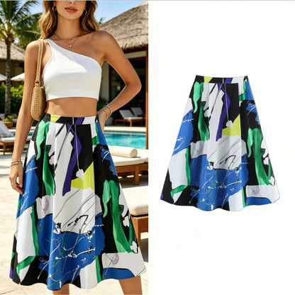 Women's Abstract Print Pleated Midi Skirt – High Waist Colorful Flowy Casual Summer Skirt