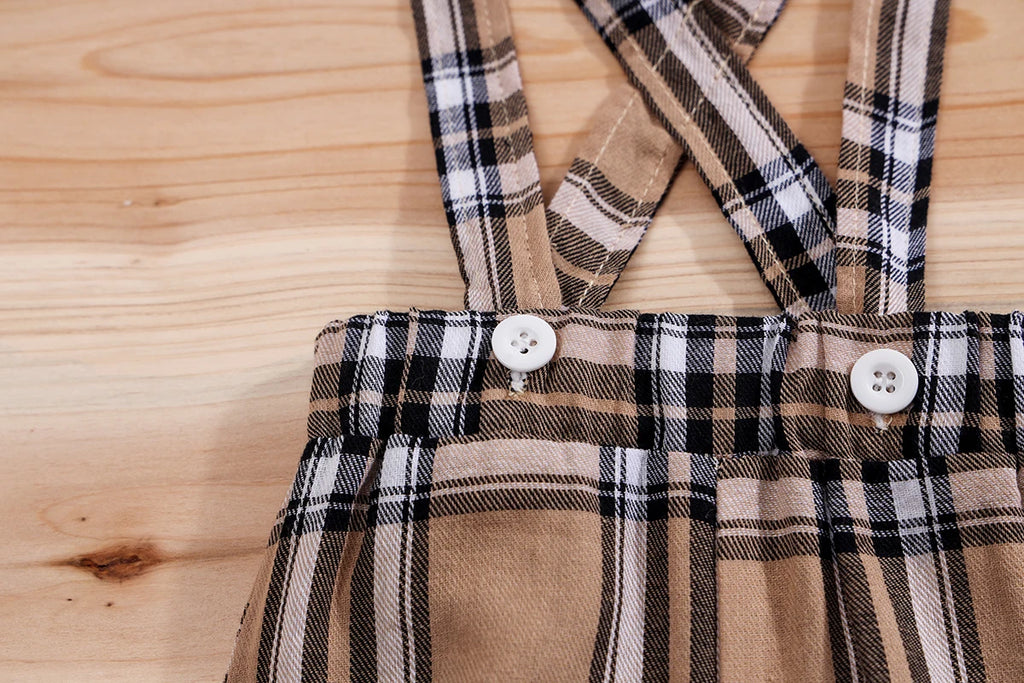 Plaid Bear Print Bodysuit & Suspender Trousers Set