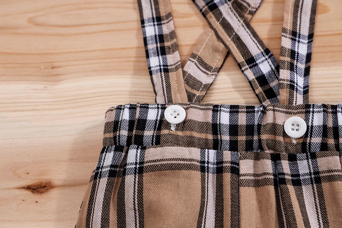 Plaid Bear Print Bodysuit & Suspender Trousers Set