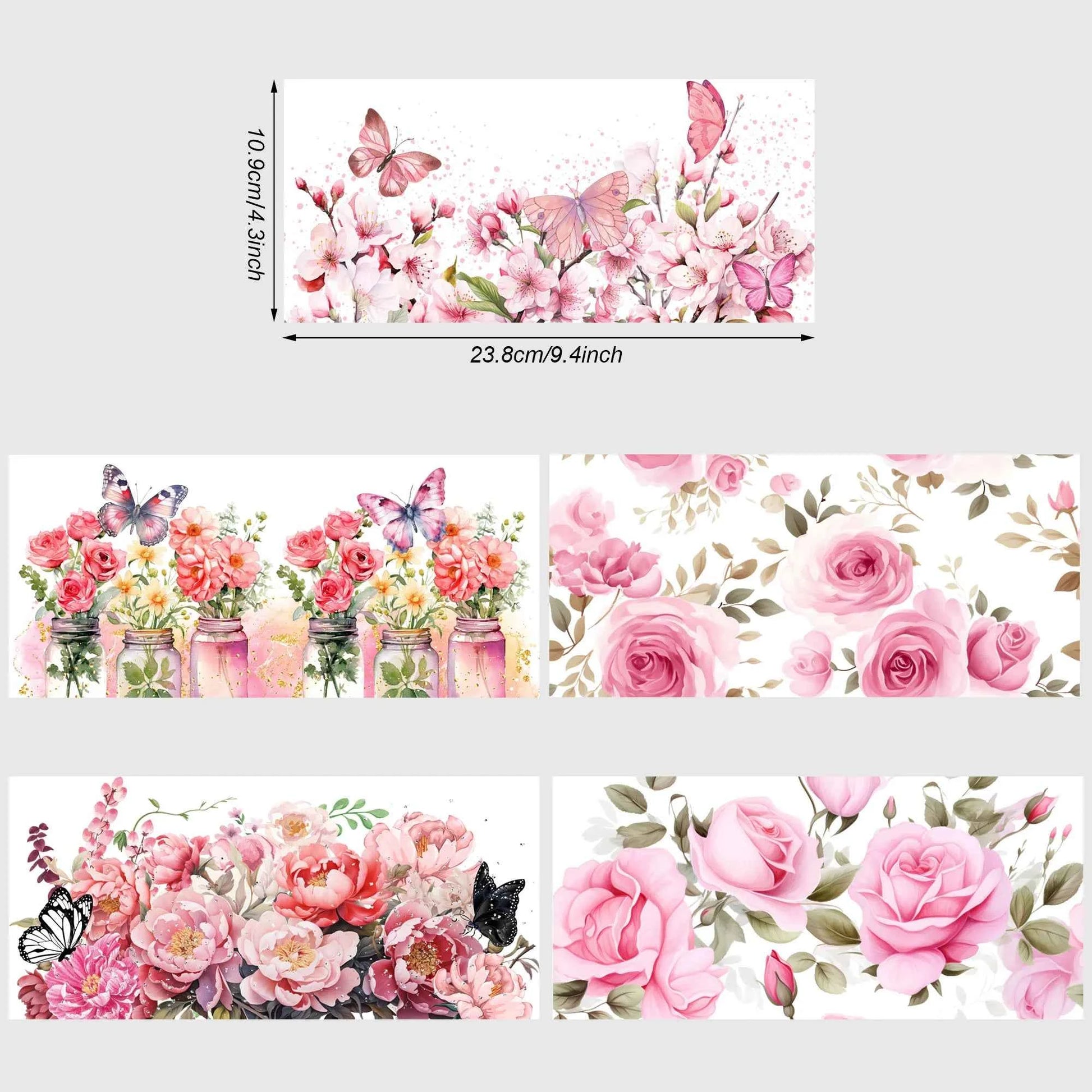 5 sheets flowers UV DTF Cup sticker, glass DTF transfer decal, beautiful butterfly waterproof wipe transfer paper