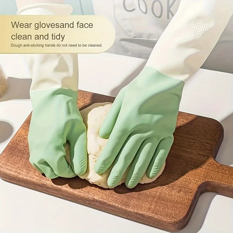 Two-color Dishwashing Gloves Kitchen Oil-proof Durable Wear-resistant Waterproof Rubber Gloves Household Dishes Cleaning Gloves