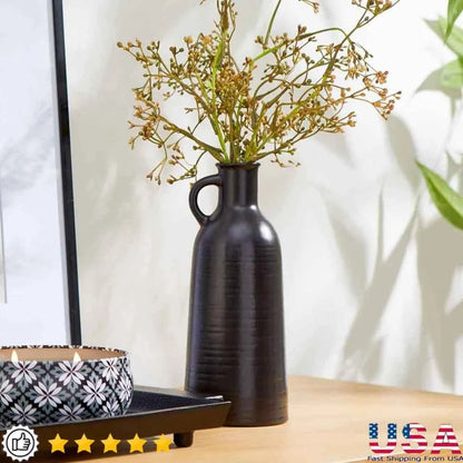 High Quality Black Ceramic Jug Vase 8 Inch Tall Decorative Centerpiece Flowers Indoor Use Minimalist Design Textured Finish