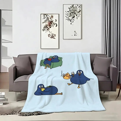 Funny Cartoon Blue Bird Series Flannel Throw Blanket Cute Bird Doing Daily Activities Cozy Soft Lightweight Blanket for Bedroom Sofa Kids Room Home Decoration