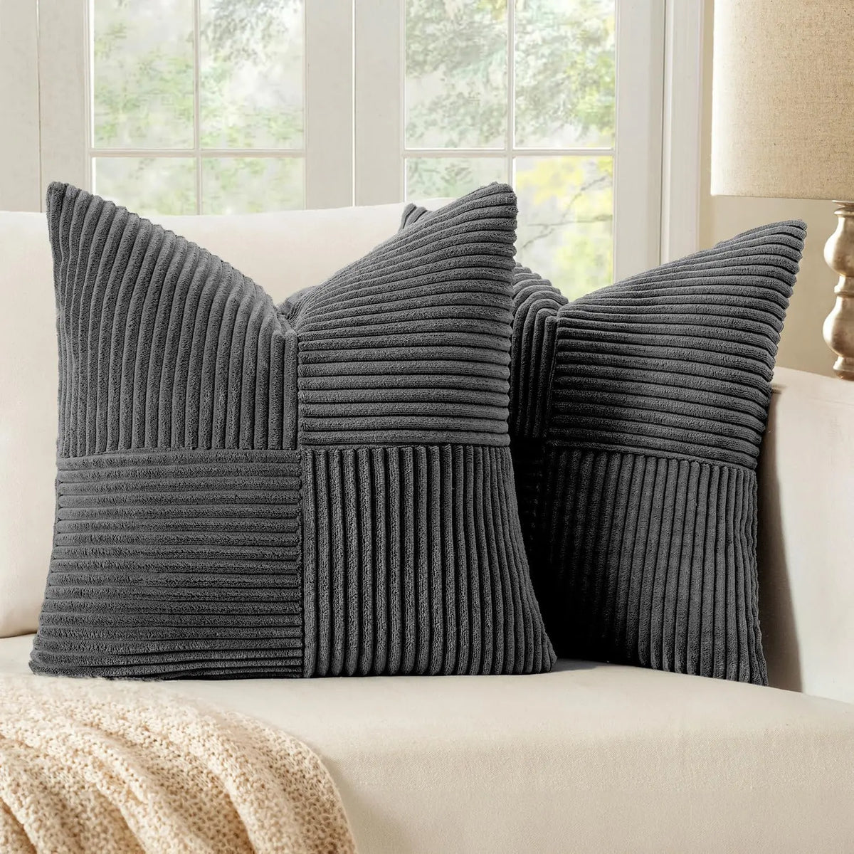 Solid-Color Corduroy Cushion Cover with Hidden Zipper