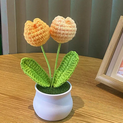 DIY Handwoven Mini Potted Flower Rose Office Desktop Ornamental Potted Plants Woolen Thread Finished Product Home Decoration