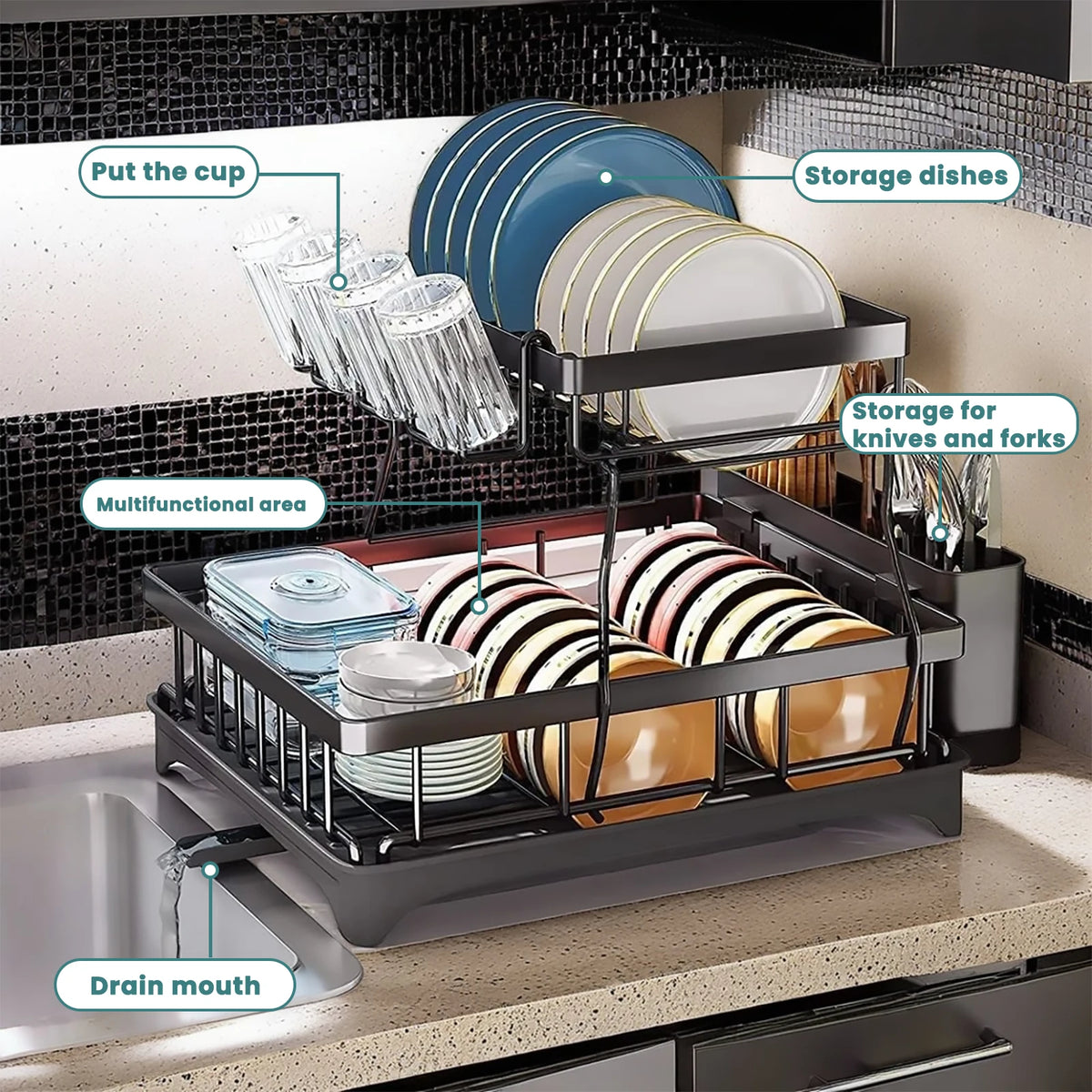 Large 2-Tier Dish Drying Rack, Removable Trays