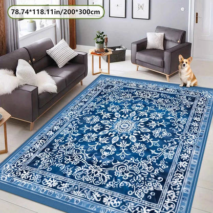 Luxurious Blue Exotic Floral Area Mat - 78.74" x 118.11", Non-Slip Backing, Machine Washable, Perfect for Living Room, Bedroom,