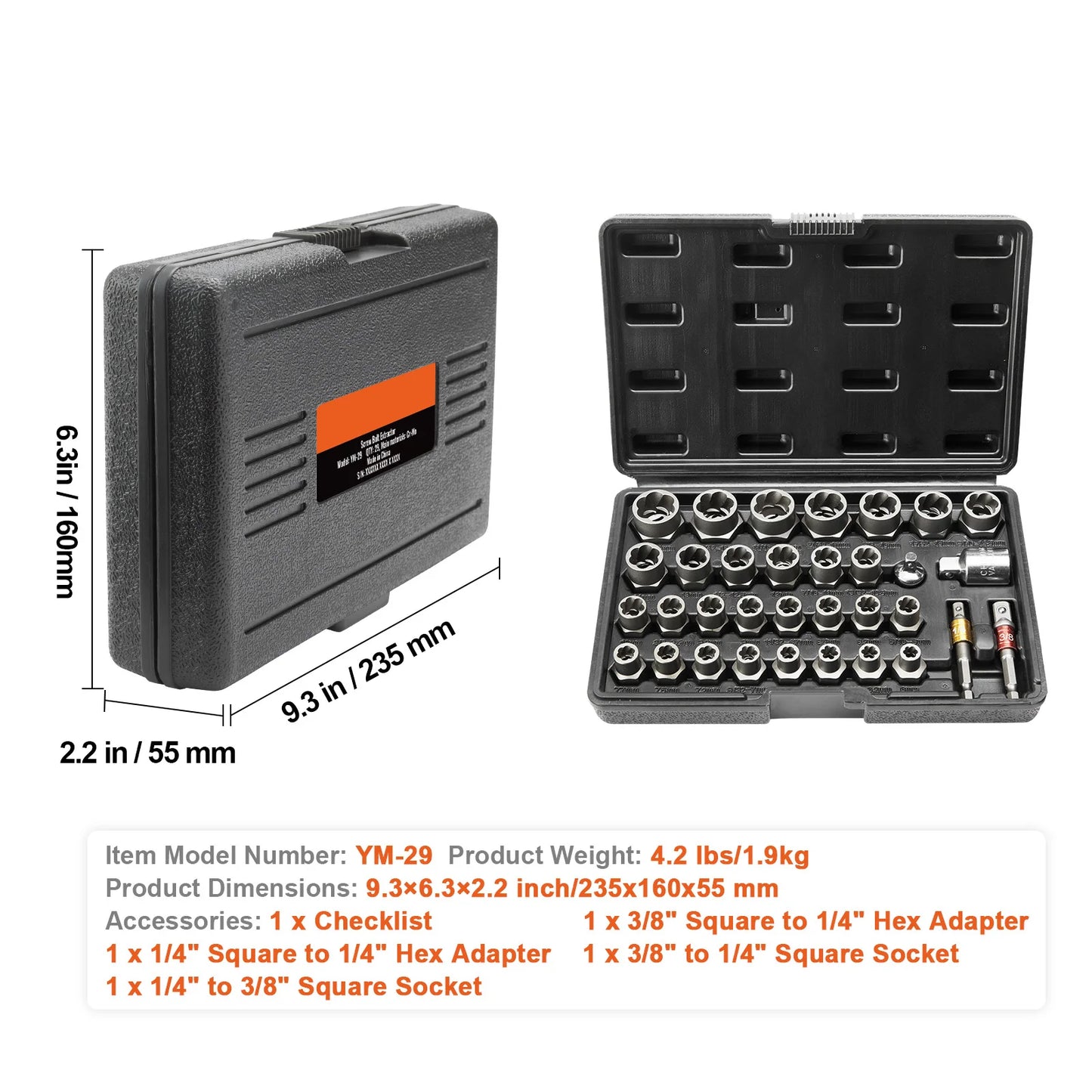Bolt Extractor Set Bolt and Nut Remover Set 6mm to 10mm 13/32" to 3/4" CR-MO Steel Extraction Socket Set