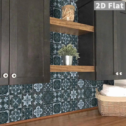 48 pieces of retro floral tile wall stickers, 2D flat dark gray pattern, retro style decoration for living room and kitchen