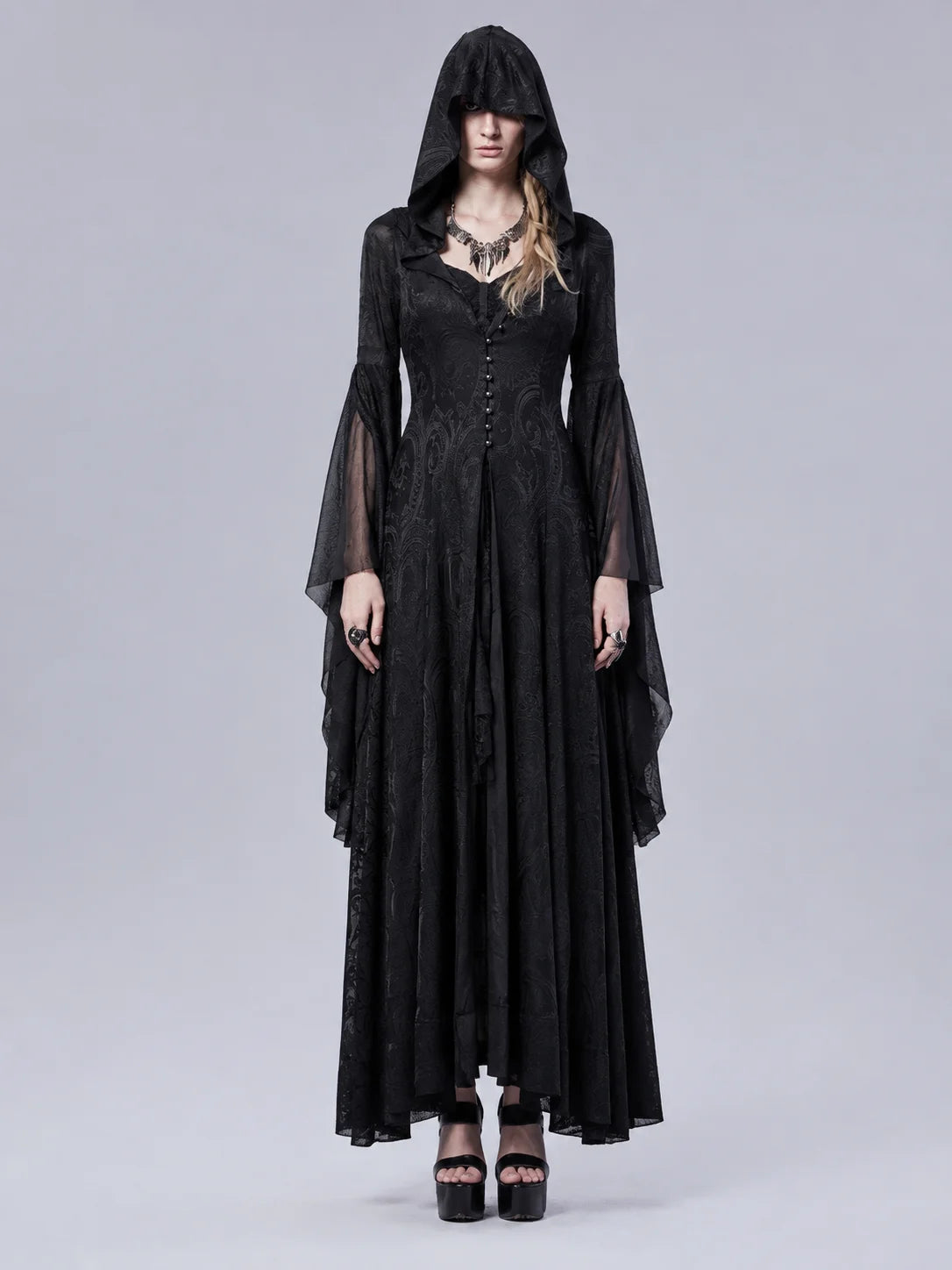 Women Gothic Witch Hooded Maxi Dress Bell Long Sleeve Jacquard Mesh V‑Neck Button Front Floor‑Length Gown Halloween Cosplay Costume for Party Carnival