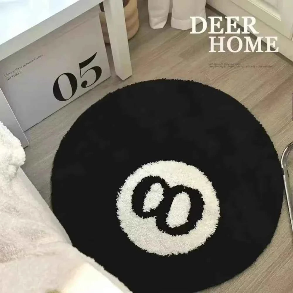 VIKAMA Black Billiards 8 Ball Round Flocked Floor Bedroom Anti-Slip Carpet Mat Living Plush Soft Bedroom Rug，Home Doeration
