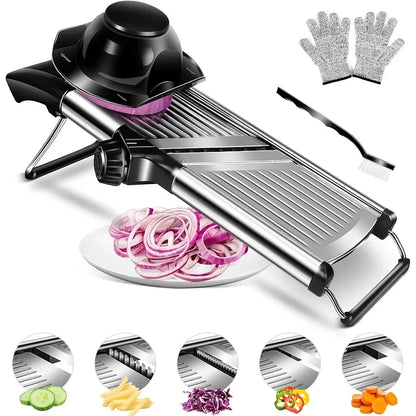 Stainless Steel Mandoline Slicer with 5 Blades, Hand Guard and Food Chopper