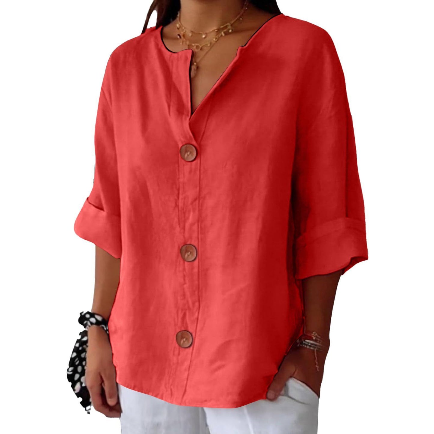 Loose V-Neck Cotton and Linen Button Top - Women's Casual Comfort Style