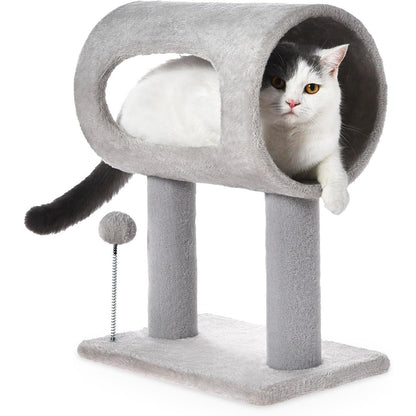 Gray Indoor Cat Tree With Hanging Ball 20.5Cat Tree With Tunnel Bed And Scratching Post Cat Tower - DropOnline.co