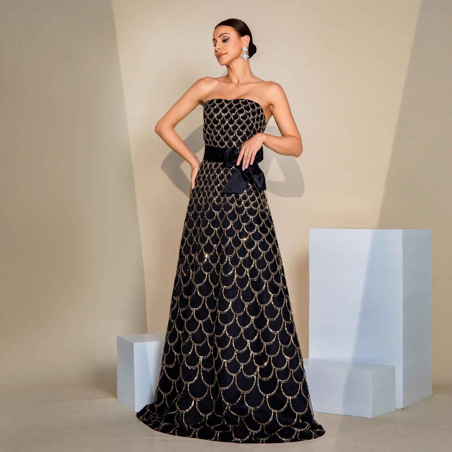 Off-neck Wrapped Chest Nipped-waist Large Swing Sequined Evening Dress