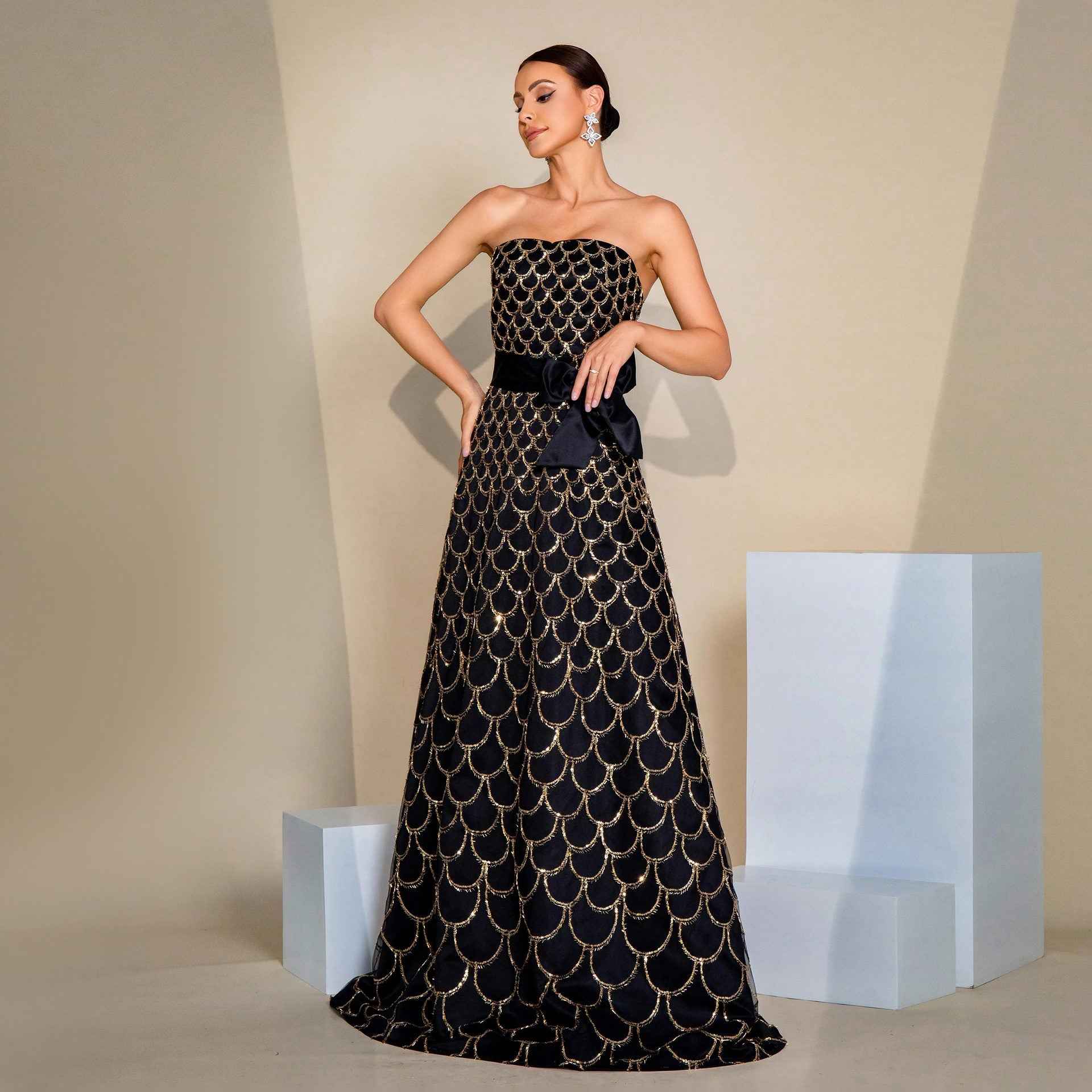 Off-neck Wrapped Chest Nipped-waist Large Swing Sequined Evening Dress