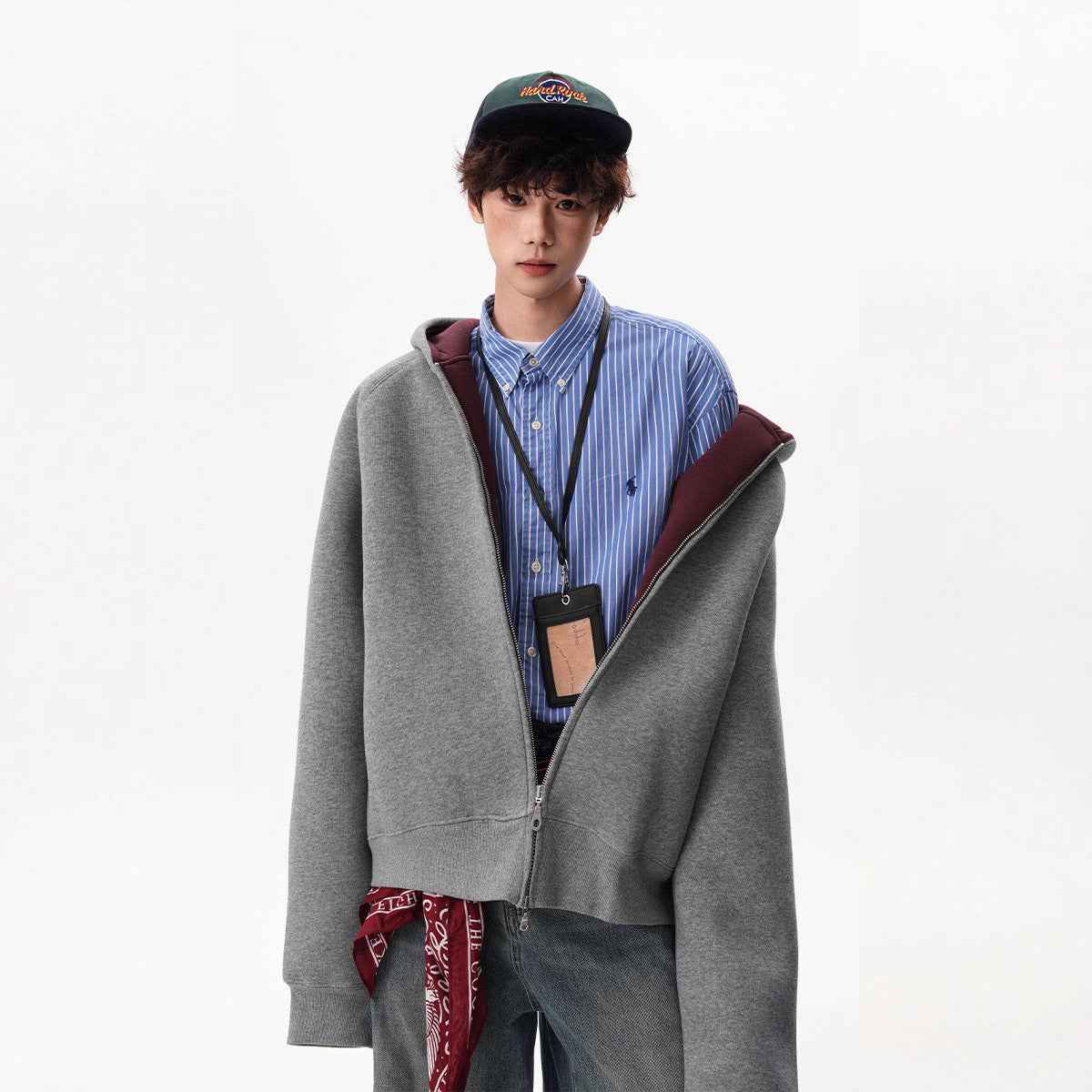 American Contrast Color Zipper Hooded Cardigan Sweater