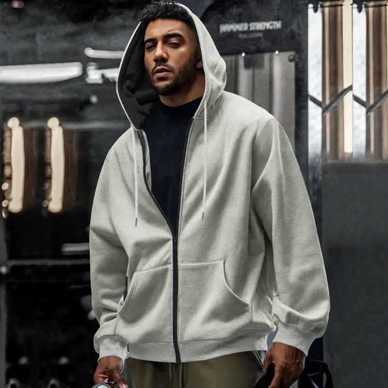 Men's Fleece-lined Loose Drawstring Hooded Zip-up Sweater