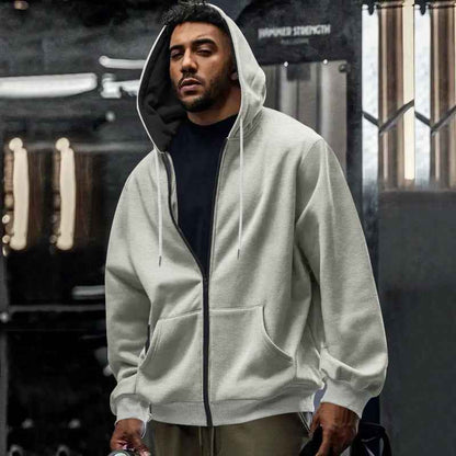 Men's Fleece-lined Loose Drawstring Hooded Zip-up Sweater