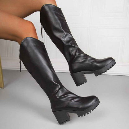 Thick High-heel Knee-high Boots V-neck Black Boots